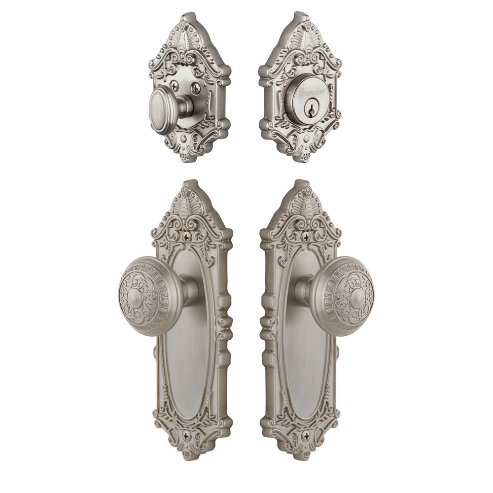 Grandeur by Nostalgic Warehouse GVCWIN Grande Vic Plate with Windsor Knob and matching Deadbolt in Satin Nickel