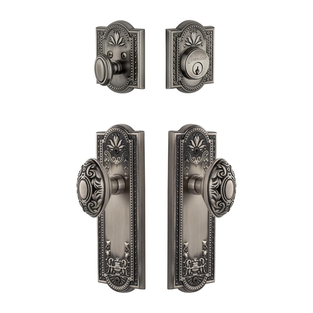 Grandeur by Nostalgic Warehouse PARGVC Parthenon Plate with Grande Victorian Knob and matching Deadbolt in Antique Pewter