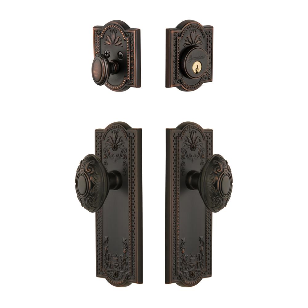Grandeur by Nostalgic Warehouse PARGVC Parthenon Plate with Grande Victorian Knob and matching Deadbolt in Timeless Bronze