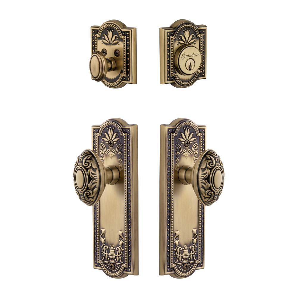 Grandeur by Nostalgic Warehouse PARGVC Parthenon Plate with Grande Victorian Knob and matching Deadbolt in Vintage Brass