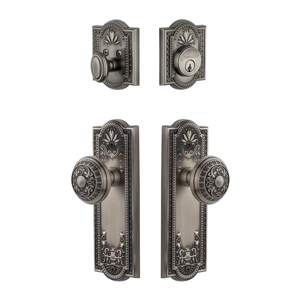 Grandeur by Nostalgic Warehouse PARWIN Parthenon Plate with Windsor Knob and matching Deadbolt in Antique Pewter
