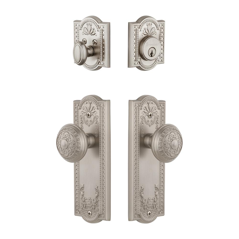Grandeur by Nostalgic Warehouse PARWIN Parthenon Plate with Windsor Knob and matching Deadbolt in Satin Nickel
