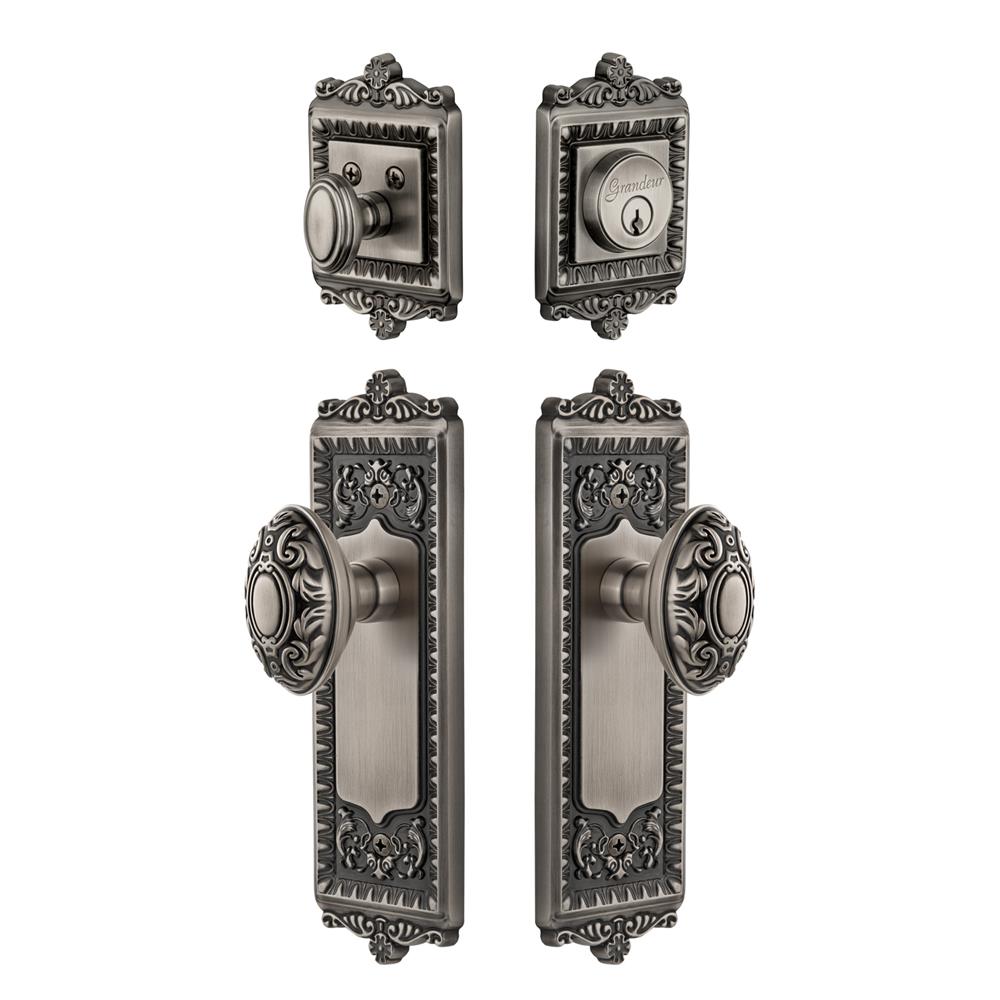 Grandeur by Nostalgic Warehouse WINGVC Windsor Plate with Grande Victorian Knob and matching Deadbolt in Antique Pewter