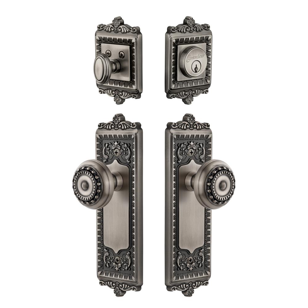 Grandeur by Nostalgic Warehouse WINPAR Windsor Plate with Parthenon Knob and matching Deadbolt in Antique Pewter