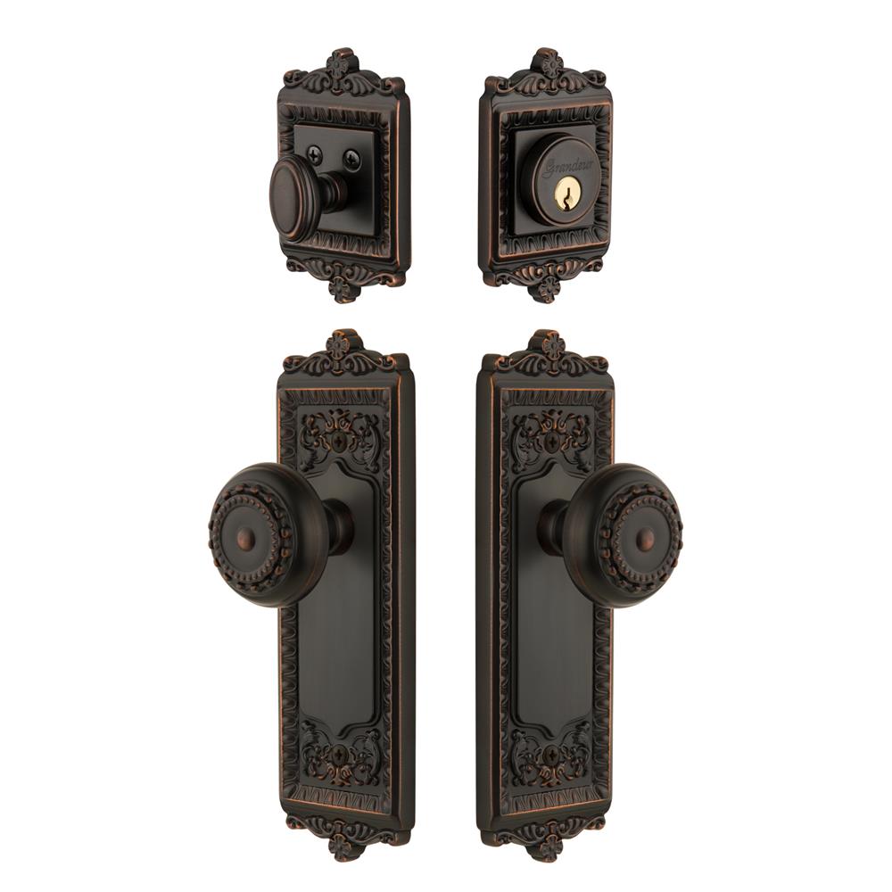Grandeur by Nostalgic Warehouse WINPAR Windsor Plate with Parthenon Knob and matching Deadbolt in Timeless Bronze