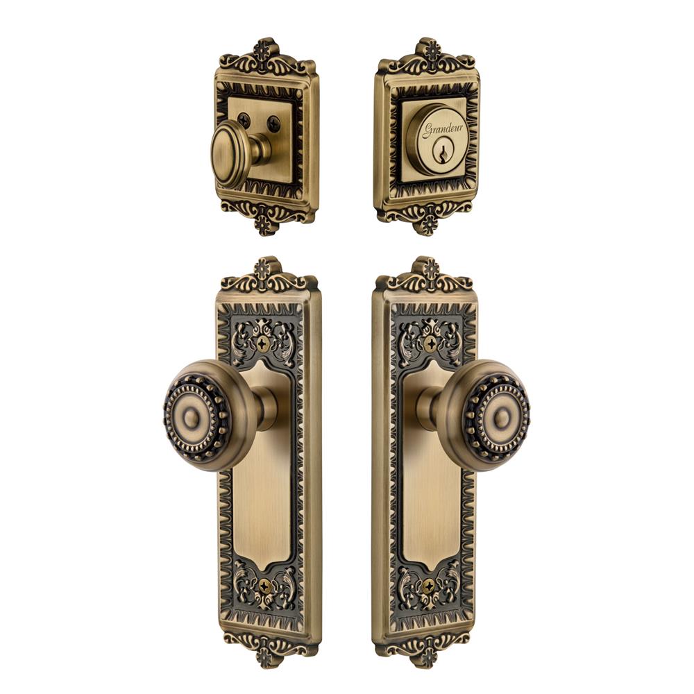 Grandeur by Nostalgic Warehouse WINPAR Windsor Plate with Parthenon Knob and matching Deadbolt in Vintage Brass
