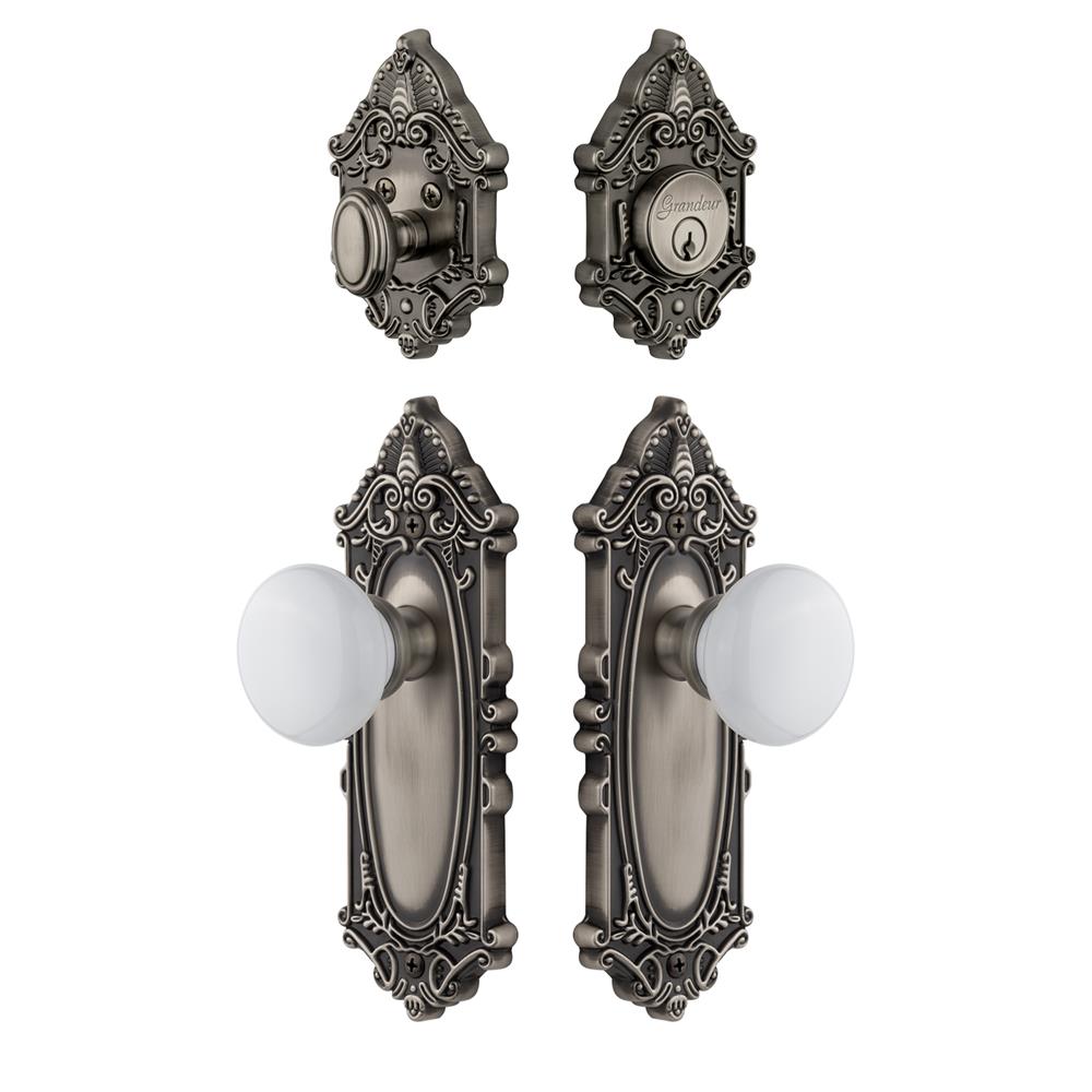 Grandeur by Nostalgic Warehouse GVCHYD Grande Vic Plate with Hyde Park Porcelain Knob and matching Deadbolt in Antique Pewter