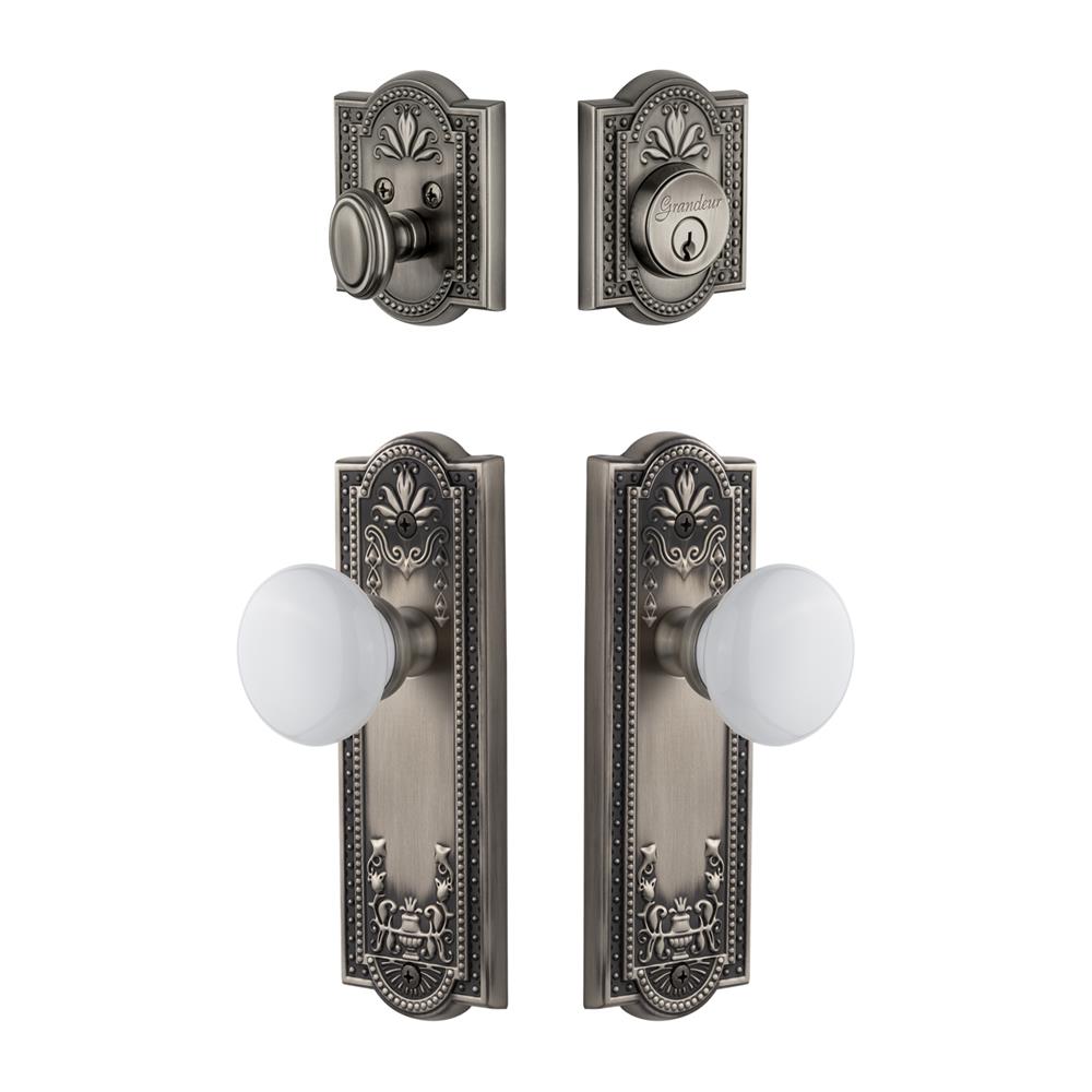 Grandeur by Nostalgic Warehouse PARHYD Parthenon Plate with Hyde Park Porcelain Knob and matching Deadbolt in Antique Pewter