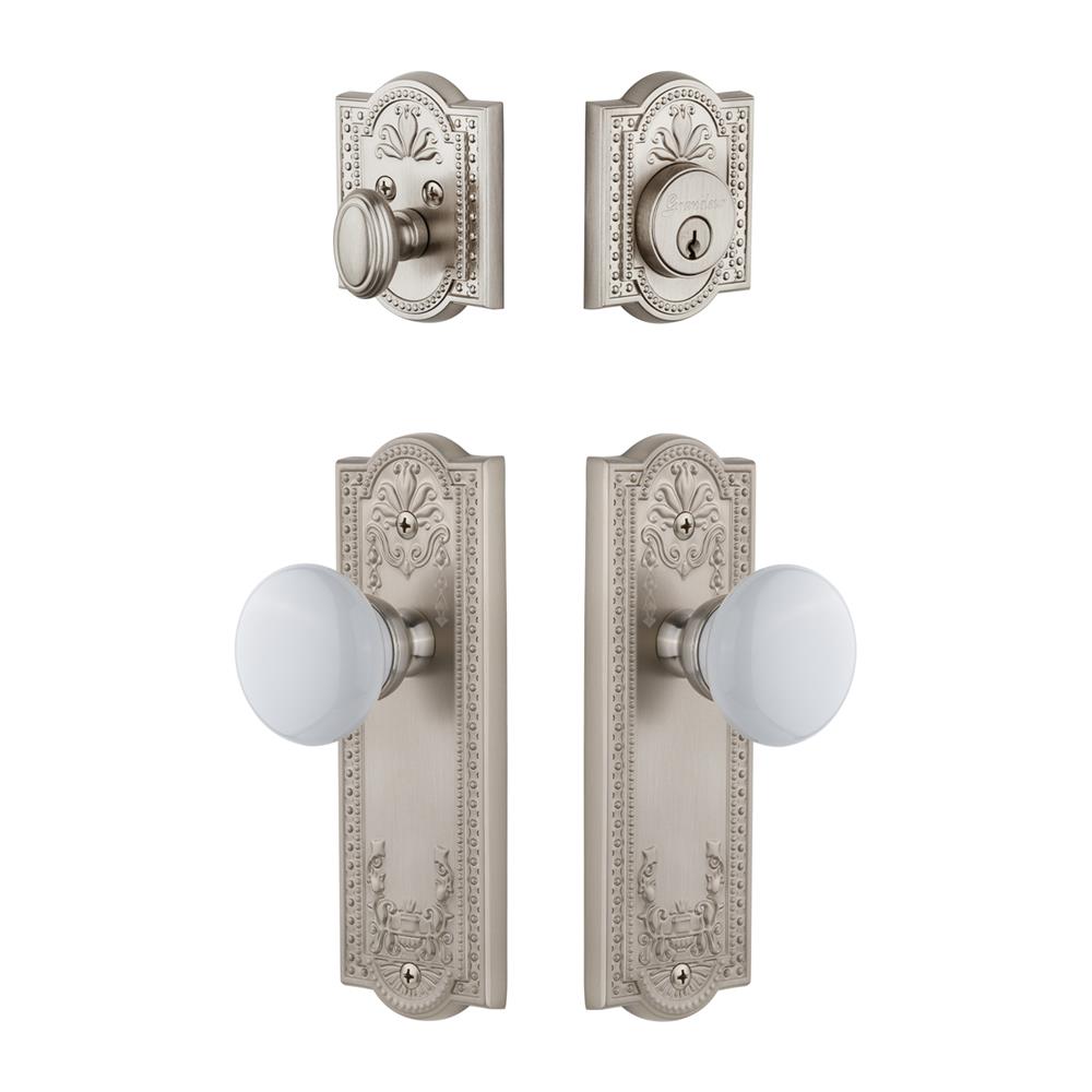 Grandeur by Nostalgic Warehouse PARHYD Parthenon Plate with Hyde Park Porcelain Knob and matching Deadbolt in Satin Nickel