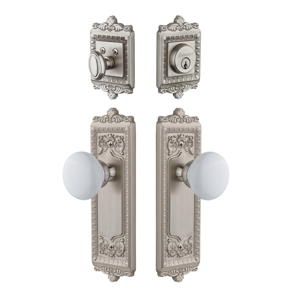 Grandeur by Nostalgic Warehouse WINHYD Windsor Plate with Hyde Park Porcelain Knob and matching Deadbolt in Satin Nickel