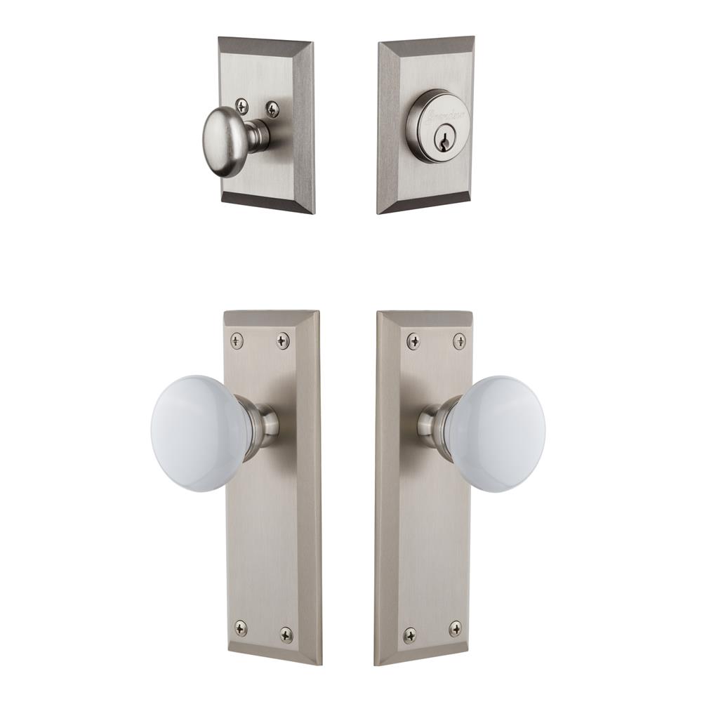 Grandeur by Nostalgic Warehouse FAVHYD Fifth Avenue Plate with Hyde Park Porcelain Knob and matching Deadbolt in Satin Nickel