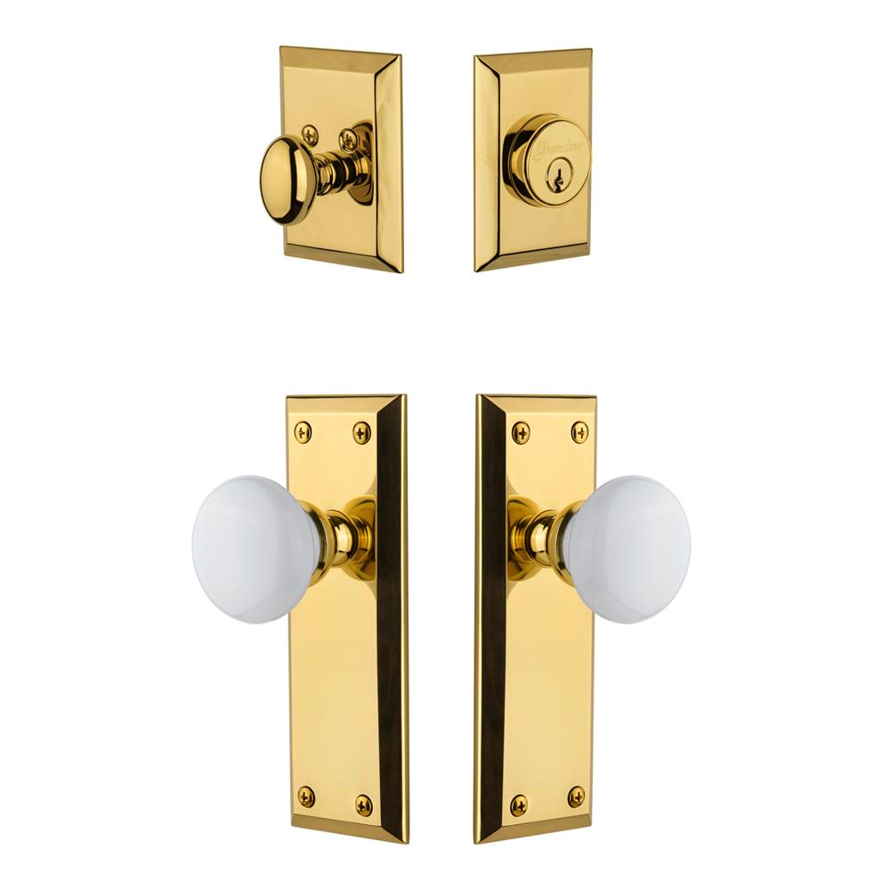 Grandeur by Nostalgic Warehouse FAVHYD Fifth Avenue Plate with Hyde Park Porcelain Knob and matching Deadbolt in Lifetime Brass