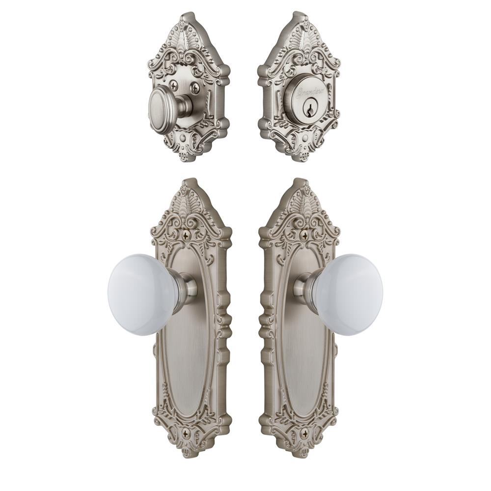 Grandeur by Nostalgic Warehouse GVCHYD Grande Vic Plate with Hyde Park Porcelain Knob and matching Deadbolt in Satin Nickel
