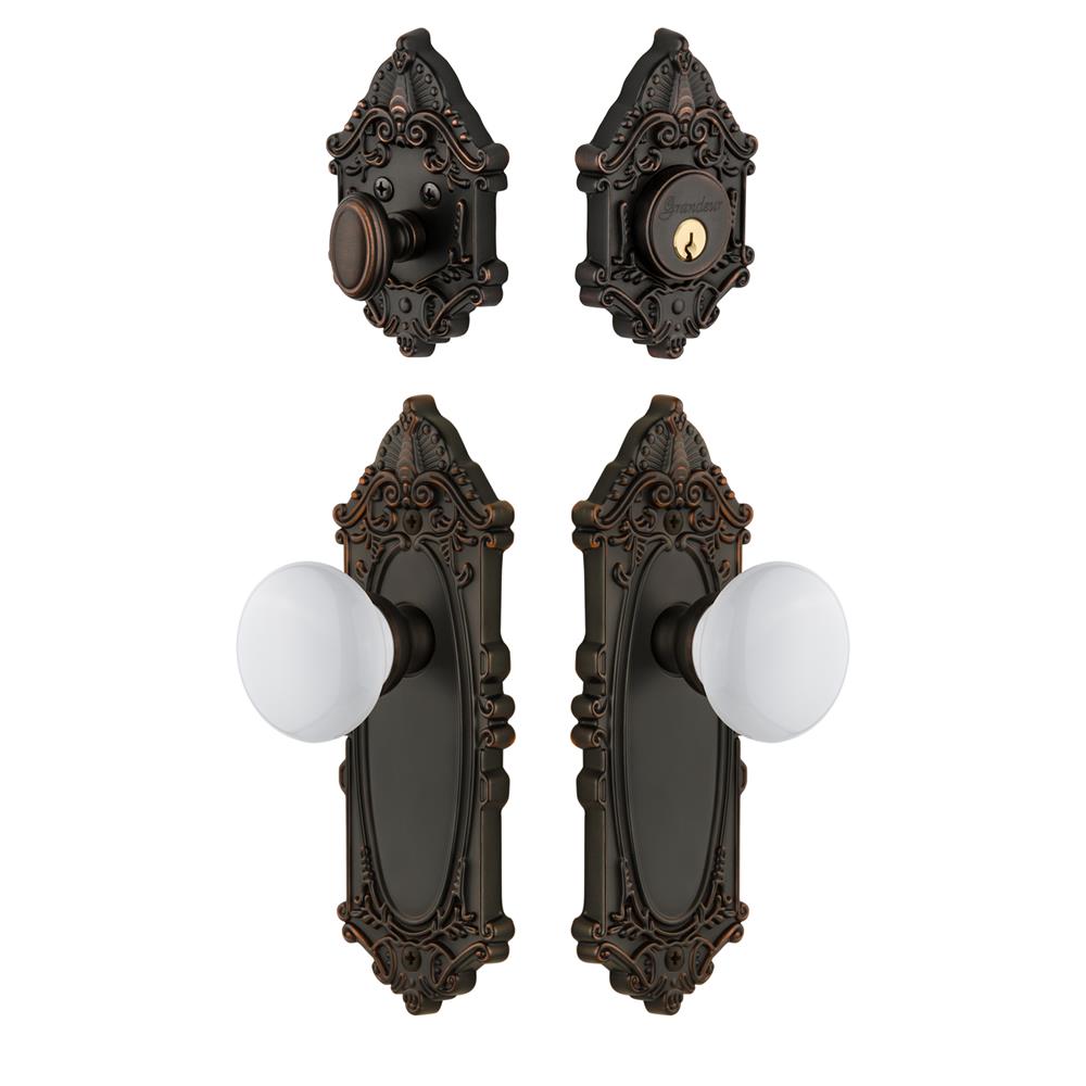 Grandeur by Nostalgic Warehouse GVCHYD Grande Vic Plate with Hyde Park Porcelain Knob and matching Deadbolt in Timeless Bronze