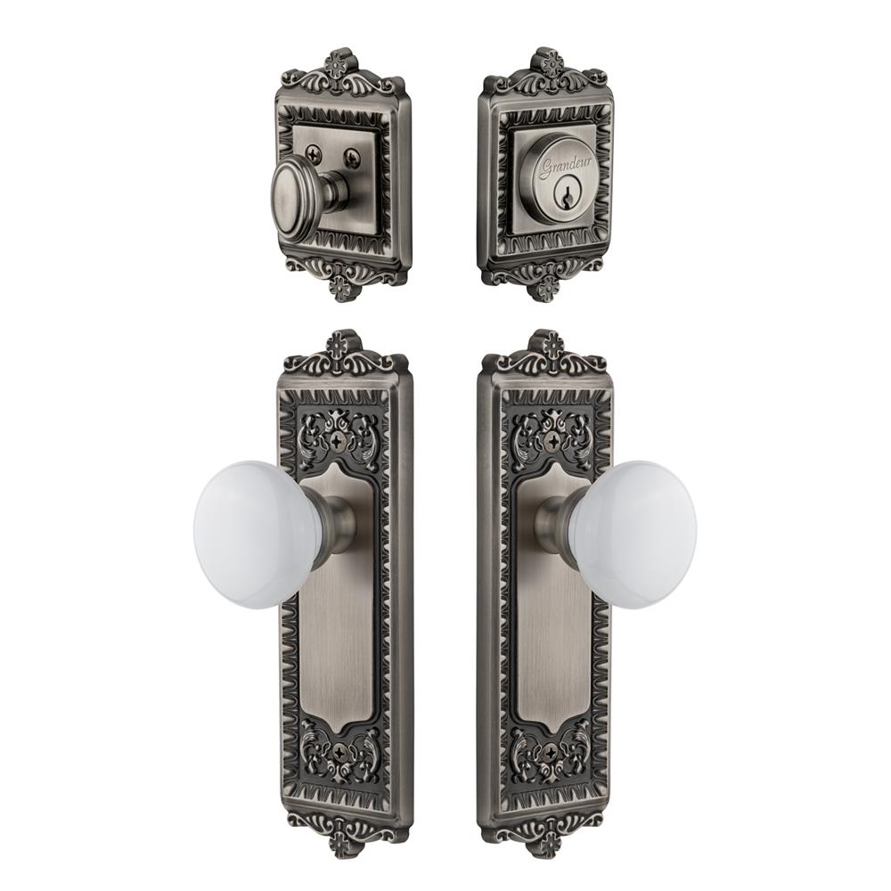 Grandeur by Nostalgic Warehouse WINHYD Windsor Plate with Hyde Park Porcelain Knob and matching Deadbolt in Antique Pewter