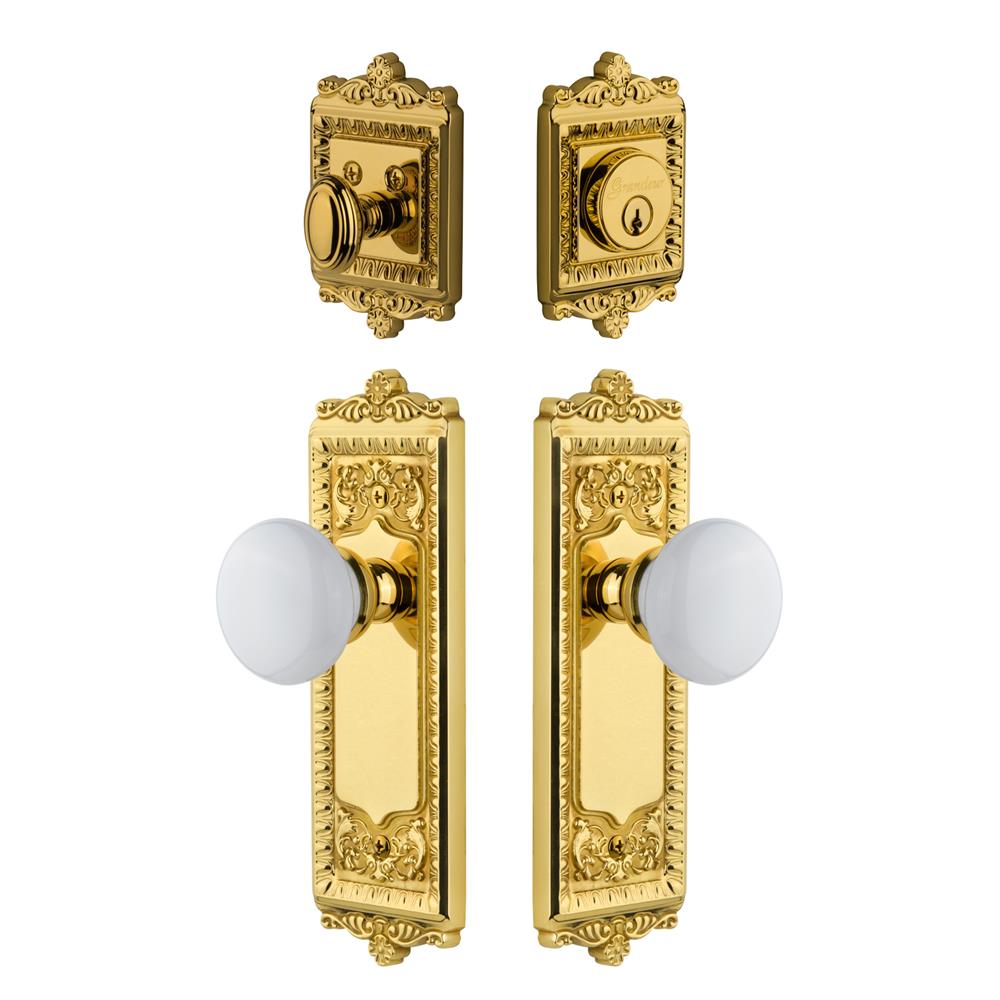 Grandeur by Nostalgic Warehouse WINHYD Windsor Plate with Hyde Park Porcelain Knob and matching Deadbolt in Lifetime Brass