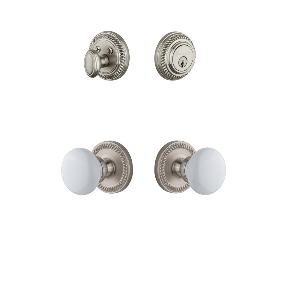 Grandeur by Nostalgic Warehouse NEWHYD Newport Rosette with Hyde Park Porcelain Knob and matching Deadbolt in Satin Nickel