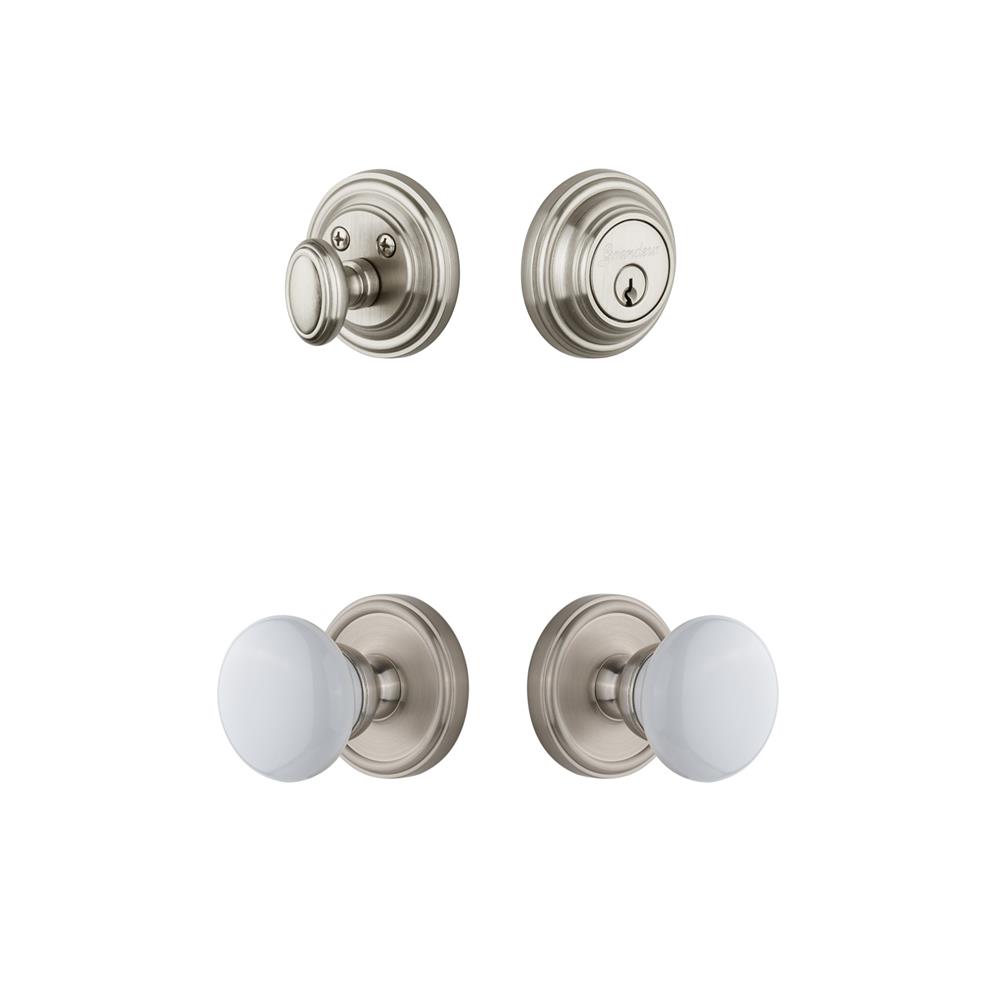 Grandeur by Nostalgic Warehouse GEOHYD Georgetown Rosette with Hyde Park Porcelain Knob and matching Deadbolt in Satin Nickel