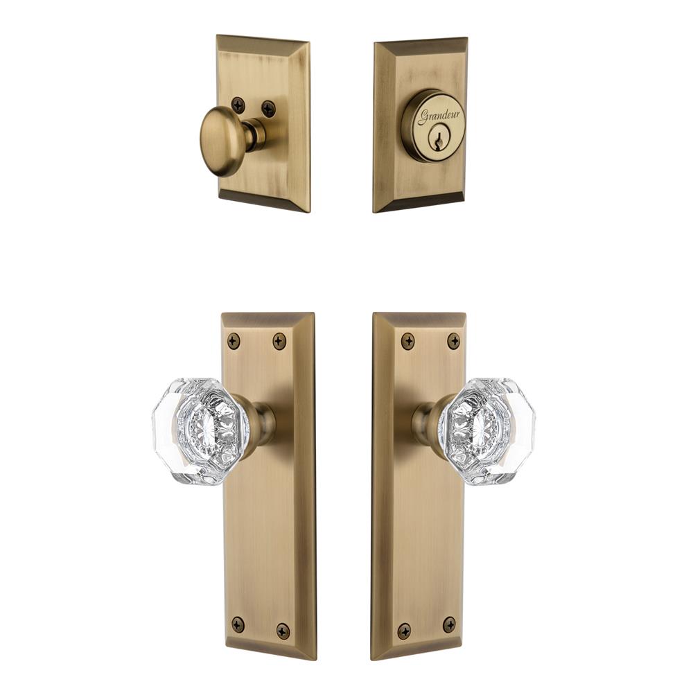 Grandeur by Nostalgic Warehouse FAVCHM Fifth Avenue Plate with Chambord Crystal Knob and matching Deadbolt in Vintage Brass