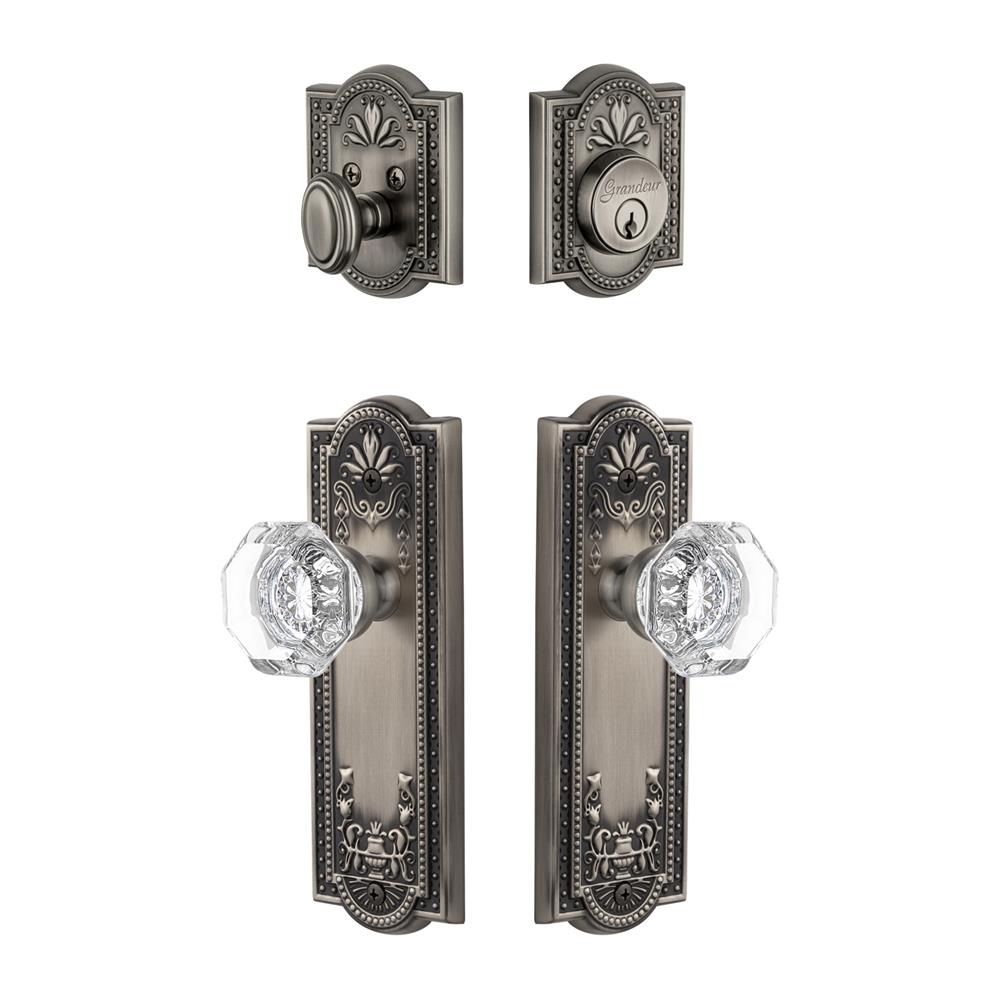 Grandeur by Nostalgic Warehouse PARCHM Parthenon Plate with Chambord Crystal Knob and matching Deadbolt in Antique Pewter