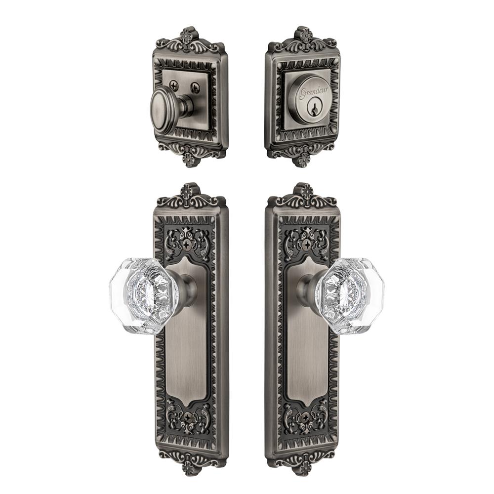 Grandeur by Nostalgic Warehouse WINCHM Windsor Plate with Chambord Crystal Knob and matching Deadbolt in Antique Pewter