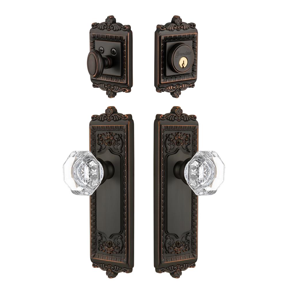 Grandeur by Nostalgic Warehouse WINCHM Windsor Plate with Chambord Crystal Knob and matching Deadbolt in Timeless Bronze