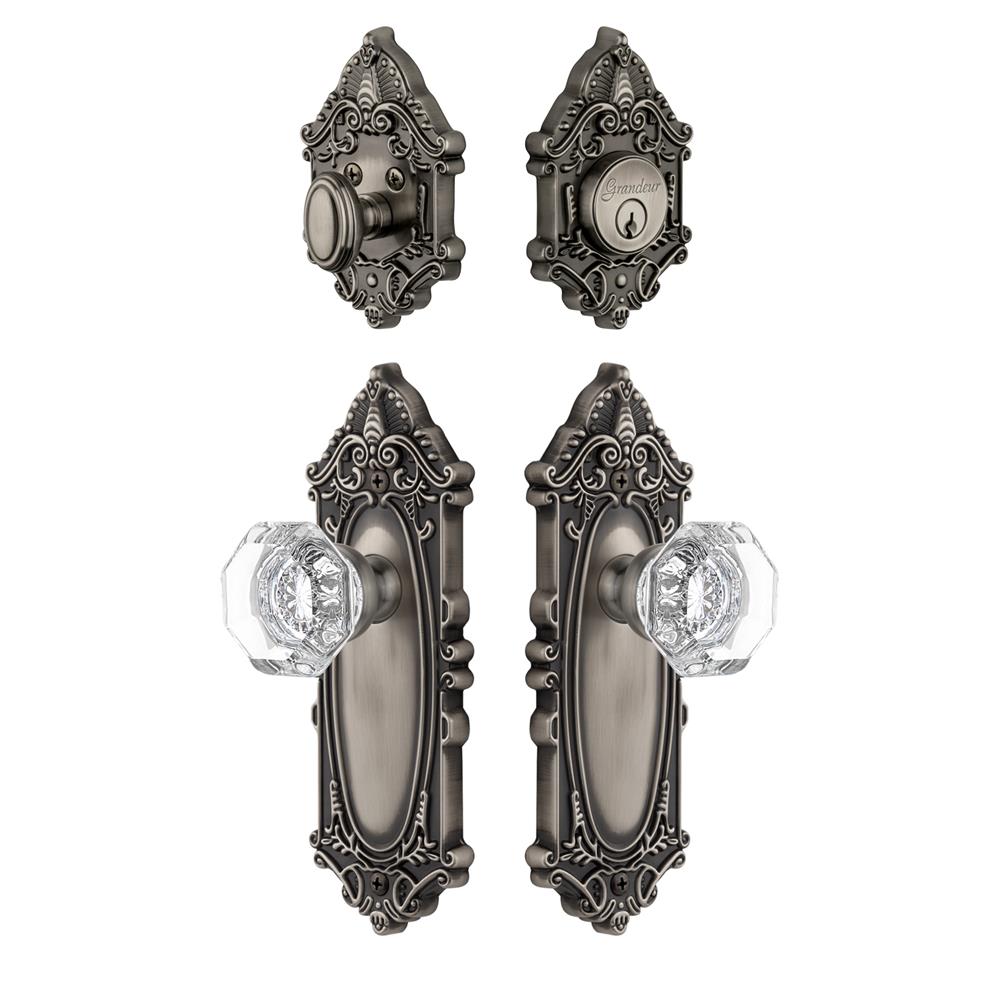 Grandeur by Nostalgic Warehouse GVCCHM Grande Vic Plate with Chambord Crystal Knob and matching Deadbolt in Antique Pewter