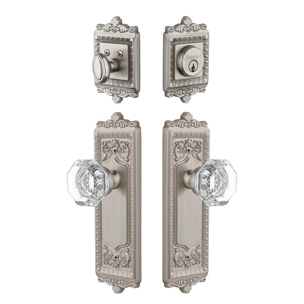 Grandeur by Nostalgic Warehouse WINCHM Windsor Plate with Chambord Crystal Knob and matching Deadbolt in Satin Nickel