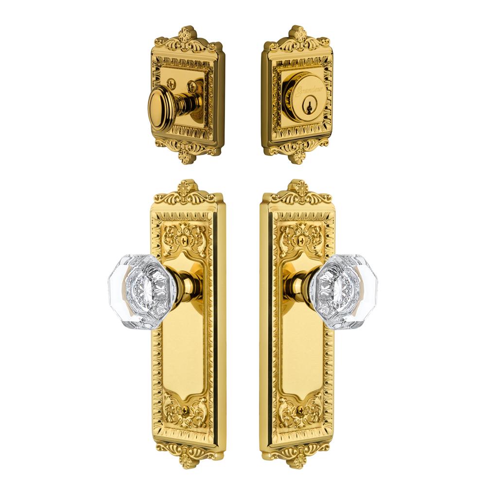 Grandeur by Nostalgic Warehouse WINCHM Windsor Plate with Chambord Crystal Knob and matching Deadbolt in Lifetime Brass