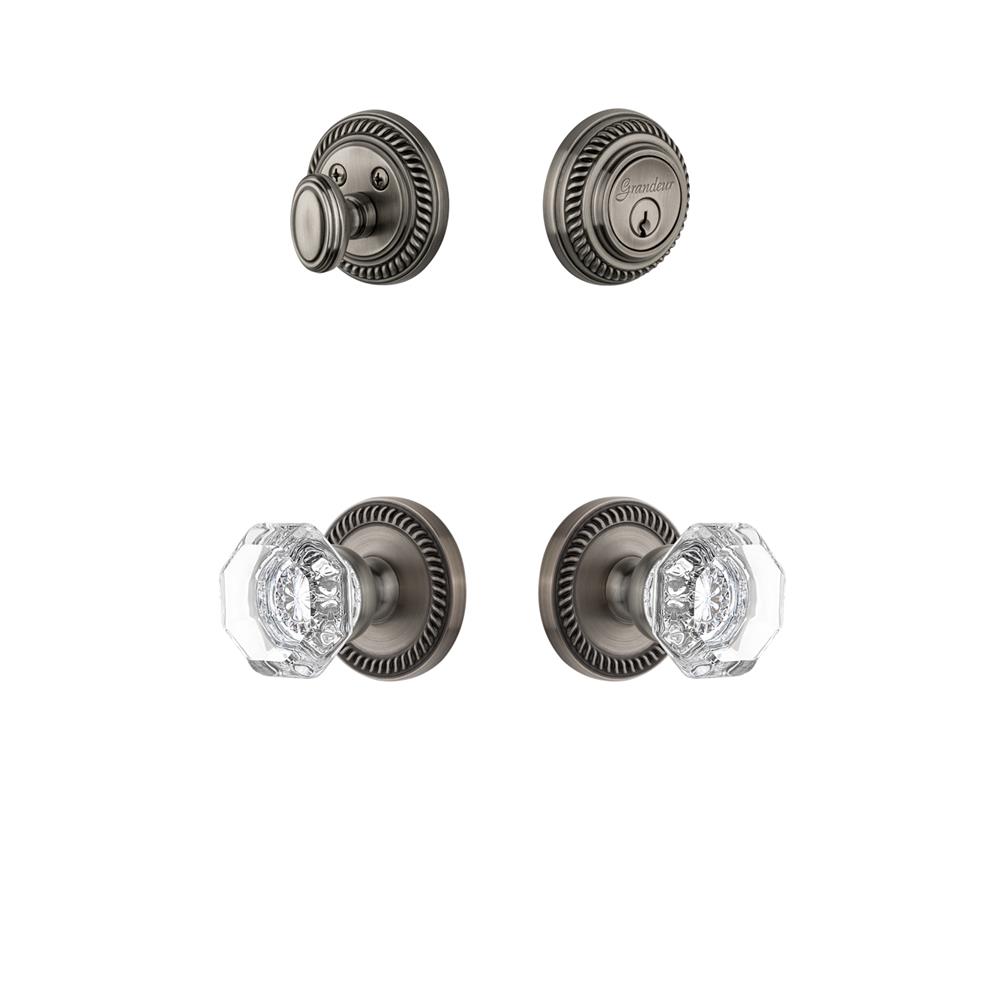 Grandeur by Nostalgic Warehouse NEWCHM Newport Rosette with Chambord Crystal Knob and matching Deadbolt in Antique Pewter