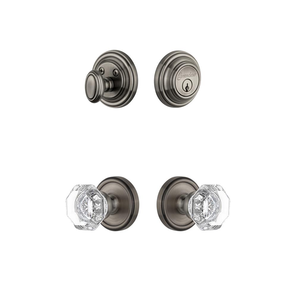 Grandeur by Nostalgic Warehouse GEOCHM Georgetown Rosette with Chambord Crystal Knob and matching Deadbolt in Antique Pewter