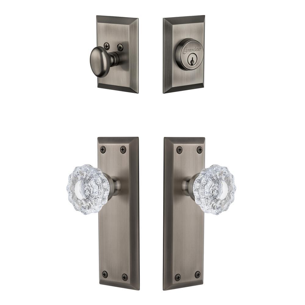Grandeur by Nostalgic Warehouse FAVVER Fifth Avenue Plate with Versailles Crystal Knob and matching Deadbolt in Antique Pewter