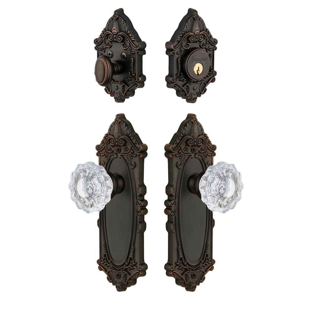 Grandeur by Nostalgic Warehouse GVCVER Grande Vic Plate with Versailles Crystal Knob and matching Deadbolt in Timeless Bronze