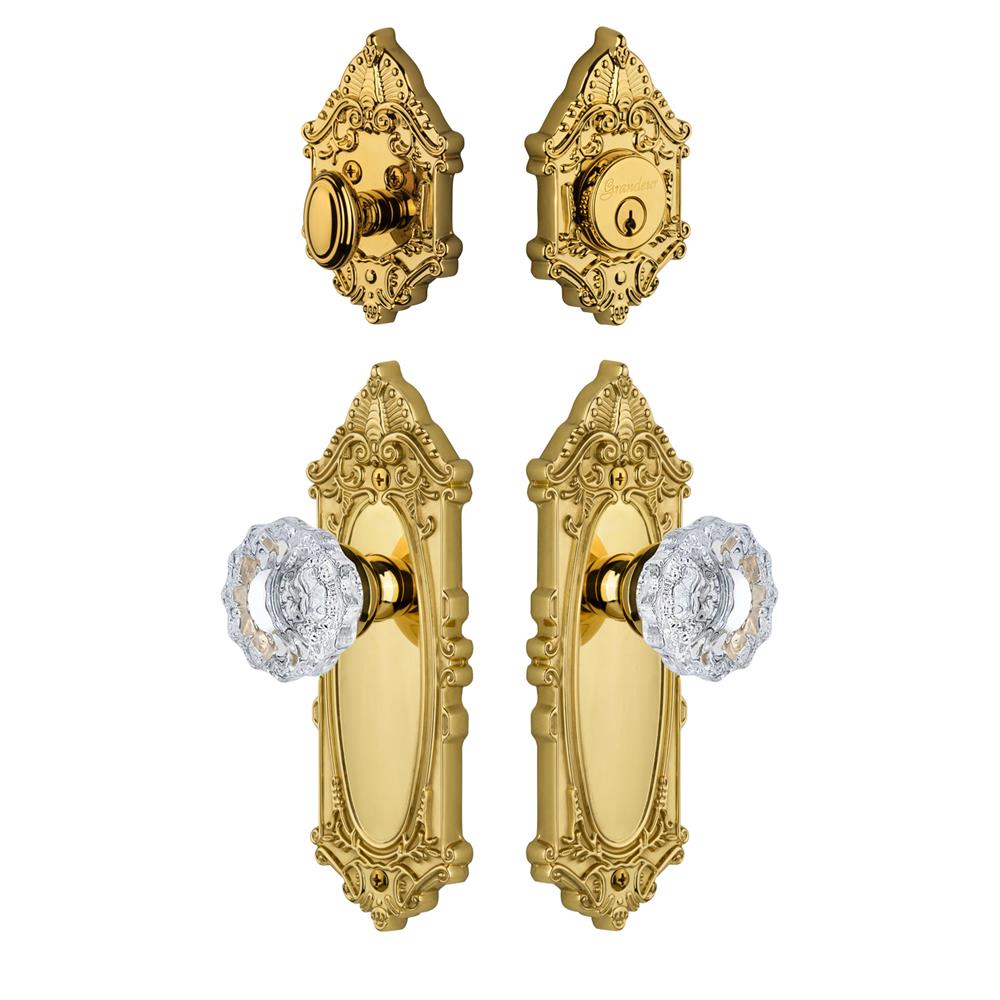Grandeur by Nostalgic Warehouse GVCVER Grande Vic Plate with Versailles Crystal Knob and matching Deadbolt in Lifetime Brass