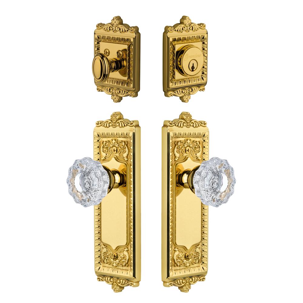 Grandeur by Nostalgic Warehouse WINVER Windsor Plate with Versailles Crystal Knob and matching Deadbolt in Lifetime Brass