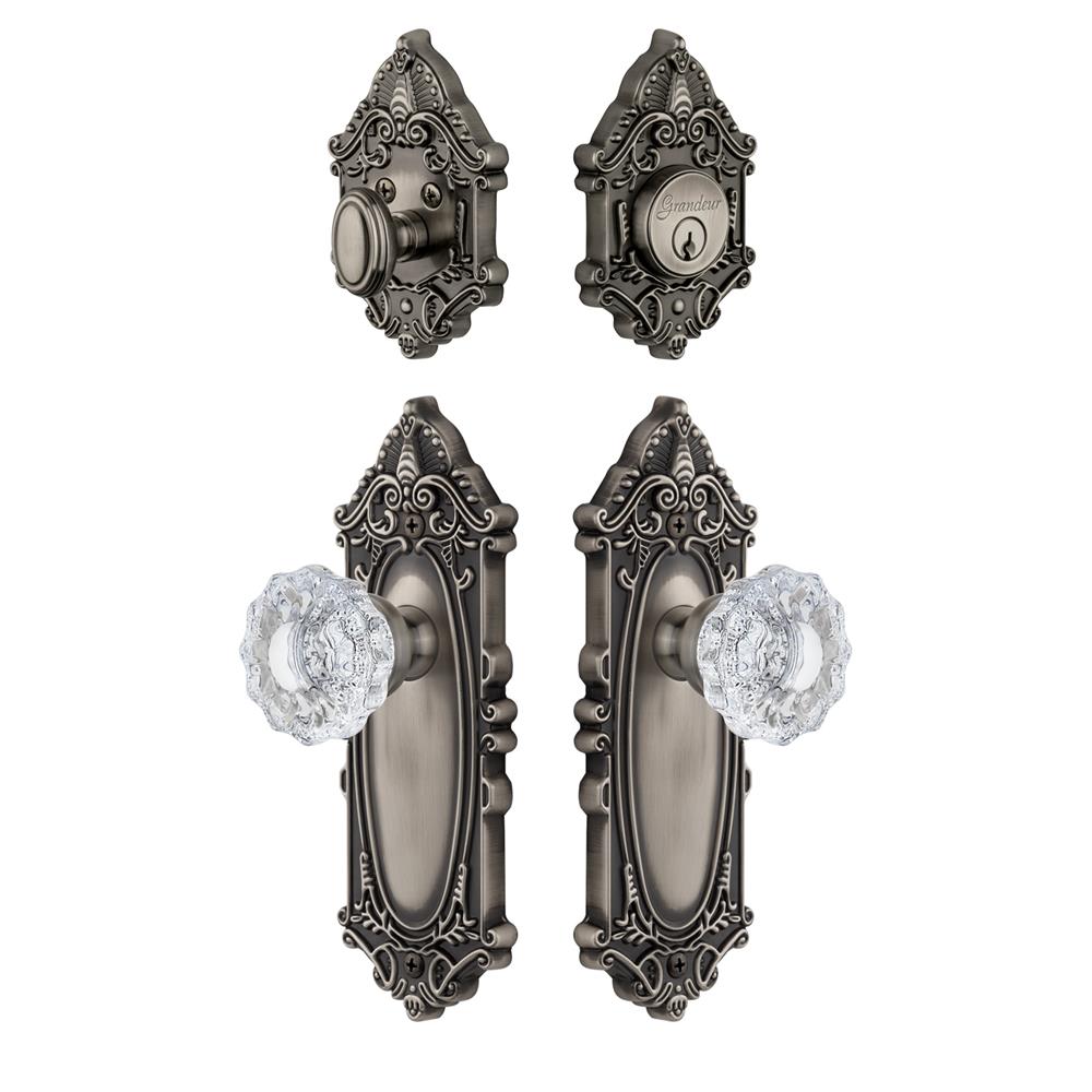 Grandeur by Nostalgic Warehouse GVCVER Grande Vic Plate with Versailles Crystal Knob and matching Deadbolt in Antique Pewter