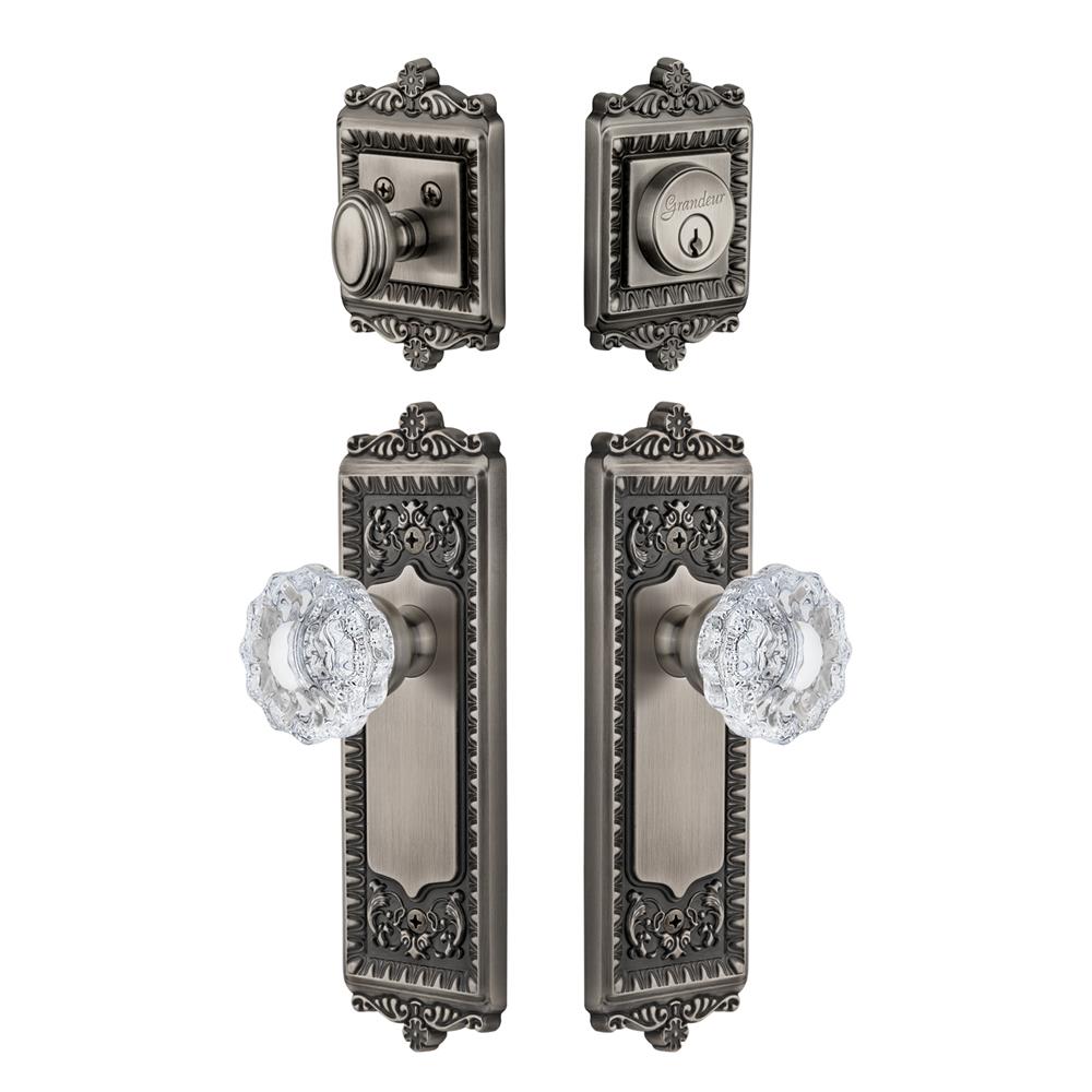Grandeur by Nostalgic Warehouse WINVER Windsor Plate with Versailles Crystal Knob and matching Deadbolt in Antique Pewter