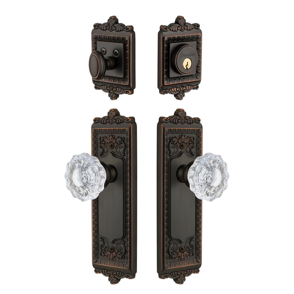Grandeur by Nostalgic Warehouse WINVER Windsor Plate with Versailles Crystal Knob and matching Deadbolt in Timeless Bronze