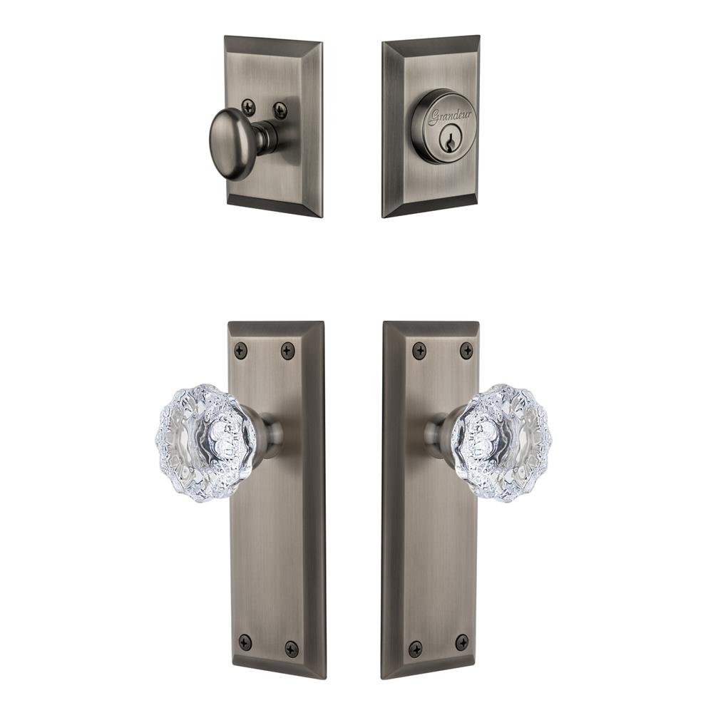Grandeur by Nostalgic Warehouse FAVFON Fifth Avenue Plate with Fontainebleau Crystal Knob and matching Deadbolt in Antique Pewter