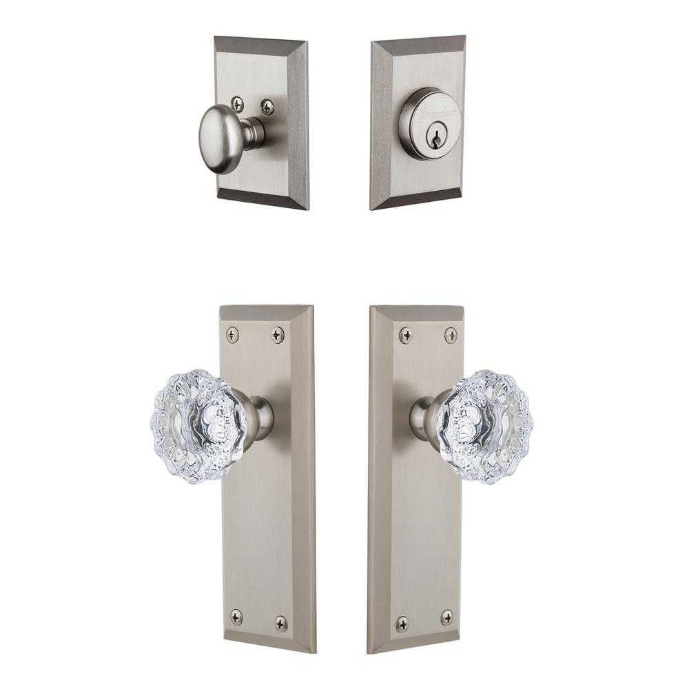 Grandeur by Nostalgic Warehouse FAVFON Fifth Avenue Plate with Fontainebleau Crystal Knob and matching Deadbolt in Satin Nickel