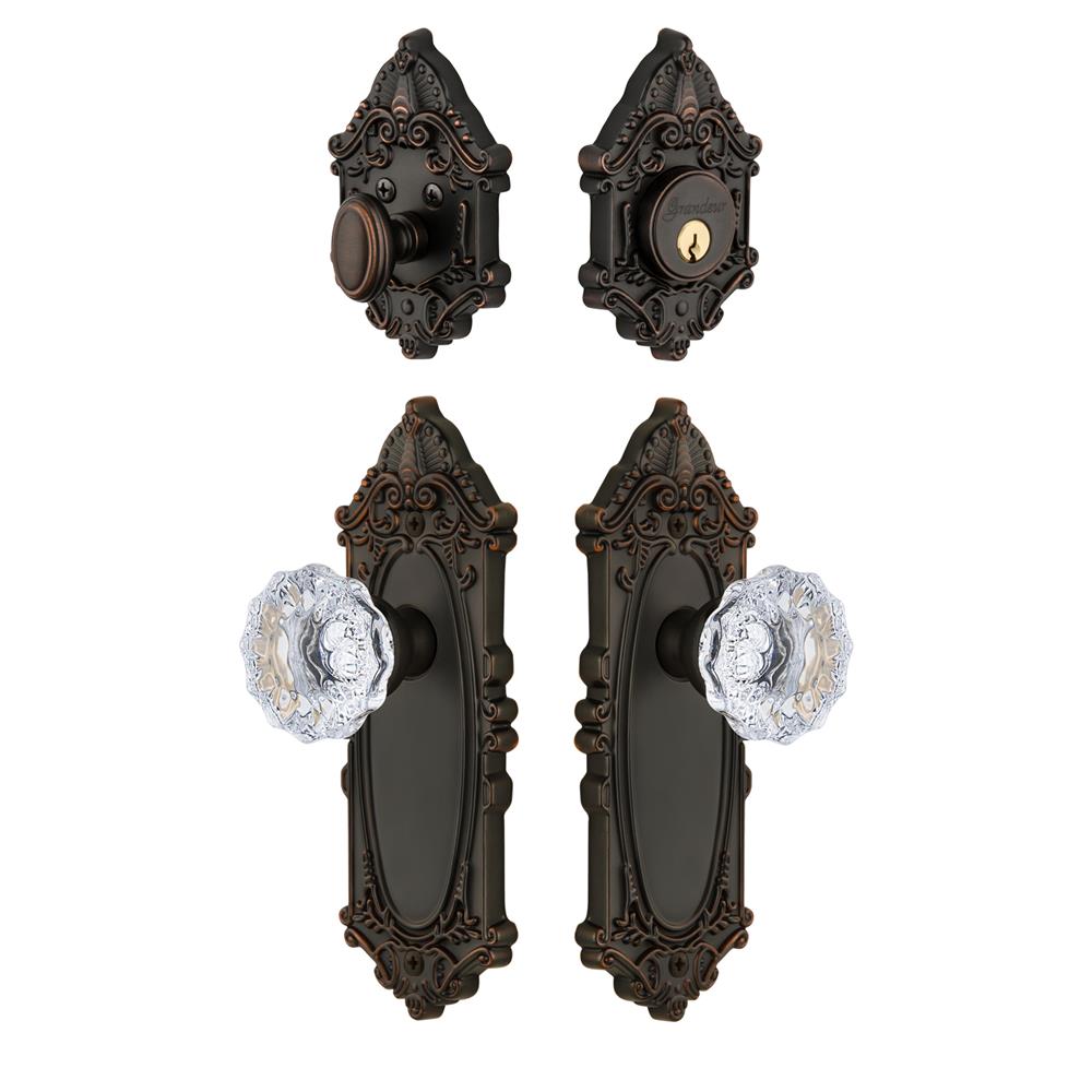 Grandeur by Nostalgic Warehouse GVCFON Grande Vic Plate with Fontainebleau Crystal Knob and matching Deadbolt in Timeless Bronze