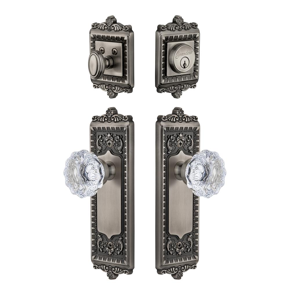 Grandeur by Nostalgic Warehouse WINFON Windsor Plate with Fontainebleau Crystal Knob and matching Deadbolt in Antique Pewter