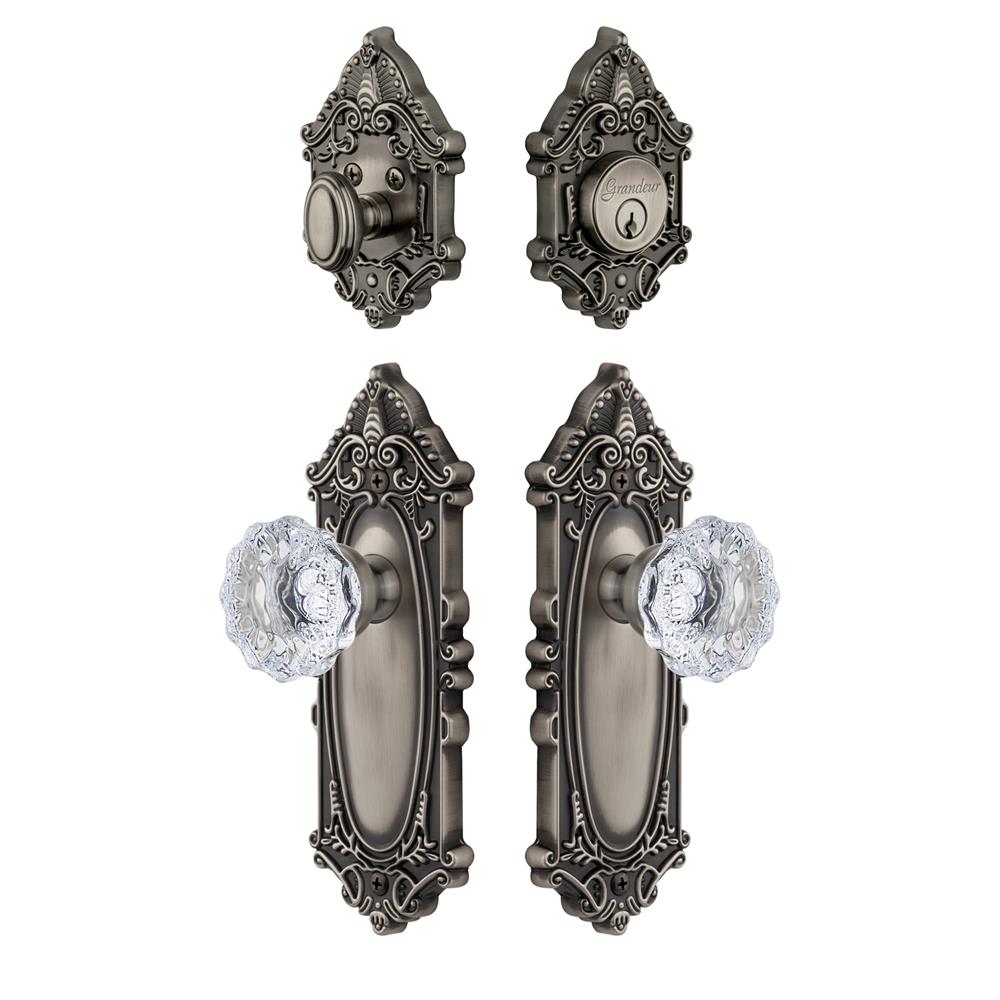 Grandeur by Nostalgic Warehouse GVCFON Grande Vic Plate with Fontainebleau Crystal Knob and matching Deadbolt in Antique Pewter