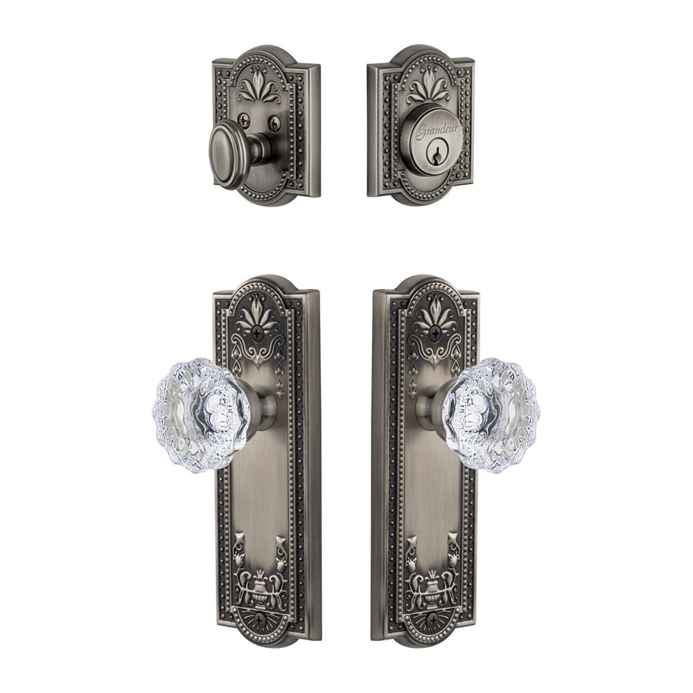 Grandeur by Nostalgic Warehouse PARFON Parthenon Plate with Fontainebleau Crystal Knob and matching Deadbolt in Antique Pewter