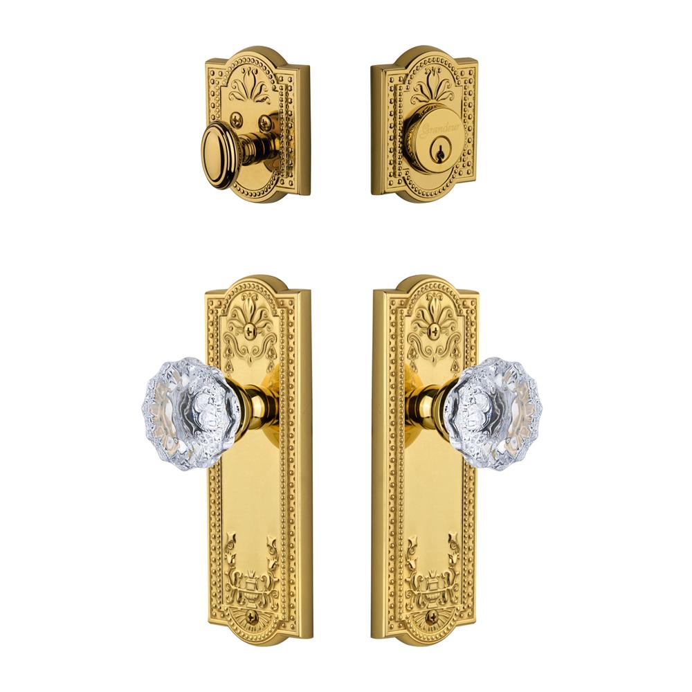 Grandeur by Nostalgic Warehouse PARFON Parthenon Plate with Fontainebleau Crystal Knob and matching Deadbolt in Lifetime Brass