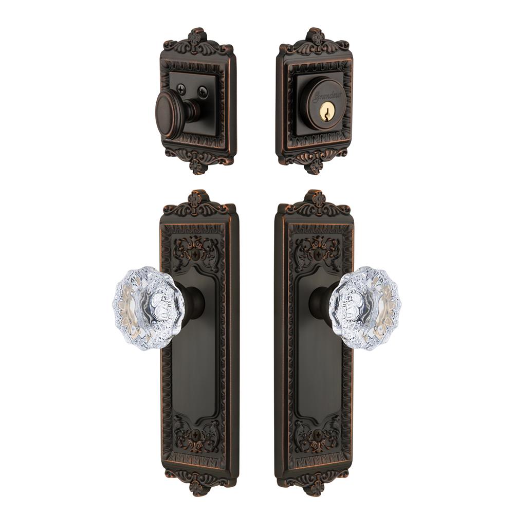 Grandeur by Nostalgic Warehouse WINFON Windsor Plate with Fontainebleau Crystal Knob and matching Deadbolt in Timeless Bronze