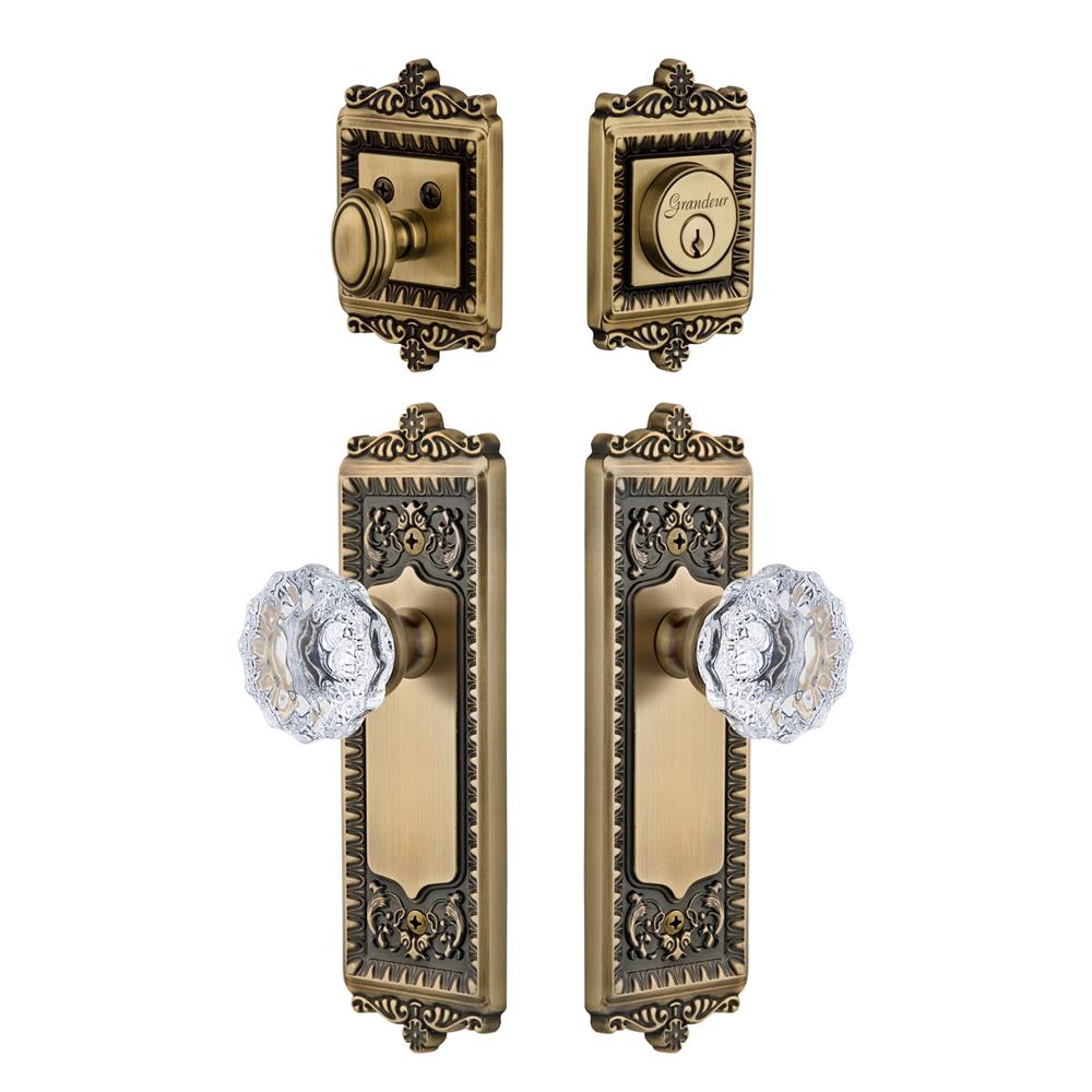 Grandeur by Nostalgic Warehouse WINFON Windsor Plate with Fontainebleau Crystal Knob and matching Deadbolt in Vintage Brass