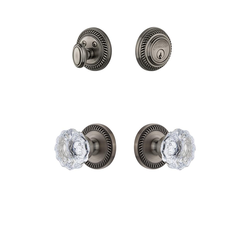Grandeur by Nostalgic Warehouse NEWFON Newport Rosette with Fontainebleau Crystal Knob and matching Deadbolt in Antique Pewter
