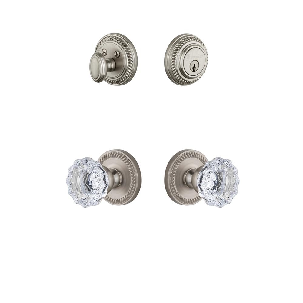 Grandeur by Nostalgic Warehouse NEWFON Newport Rosette with Fontainebleau Crystal Knob and matching Deadbolt in Satin Nickel