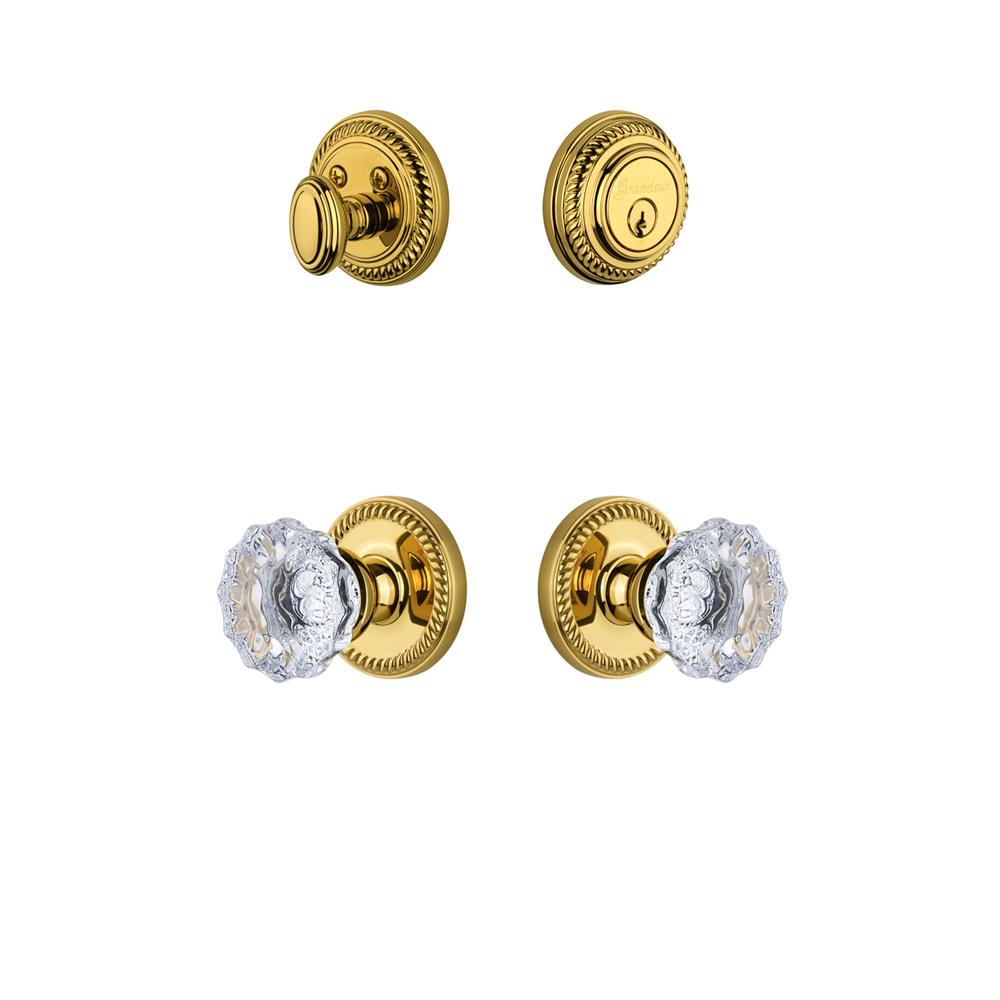 Grandeur by Nostalgic Warehouse NEWFON Newport Rosette with Fontainebleau Crystal Knob and matching Deadbolt in Lifetime Brass